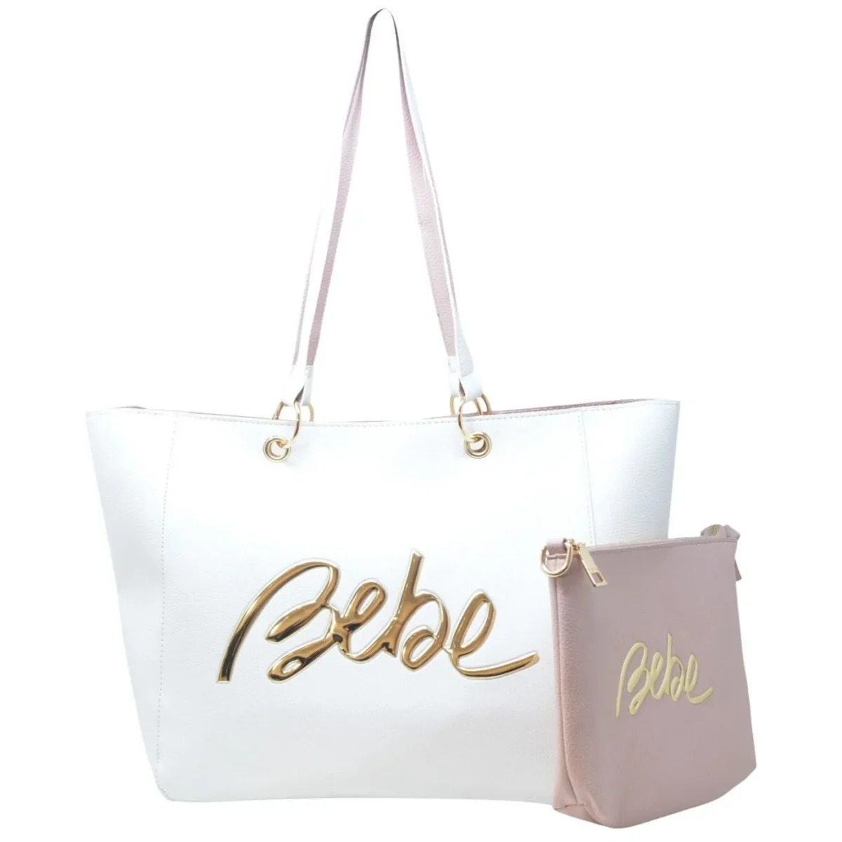 BEBE Gianna Tote & Pouch Set – White & Pink - Image 3