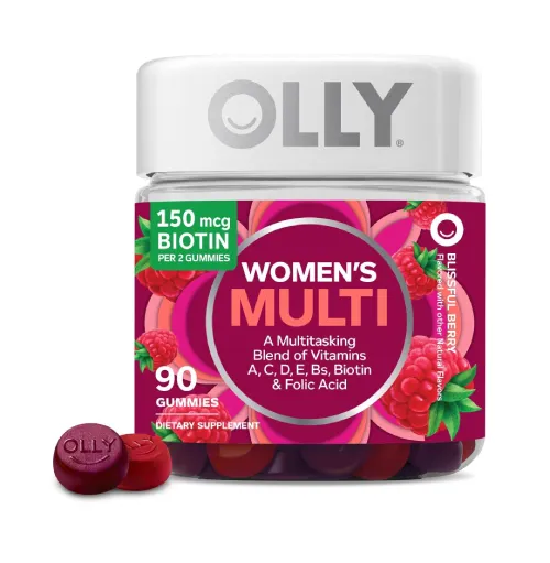 OLLY Women's Multivitamin Gummy, Vitamins A, D, C, E, Biotin, Folic Acid, Adult Chewable Vitamin, Berry Flavor with other natural ﬂavor, 45 Day Supply