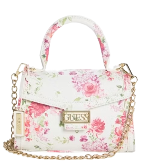 GUESS Flora Charm Mini Bag – White & Pink Bloom