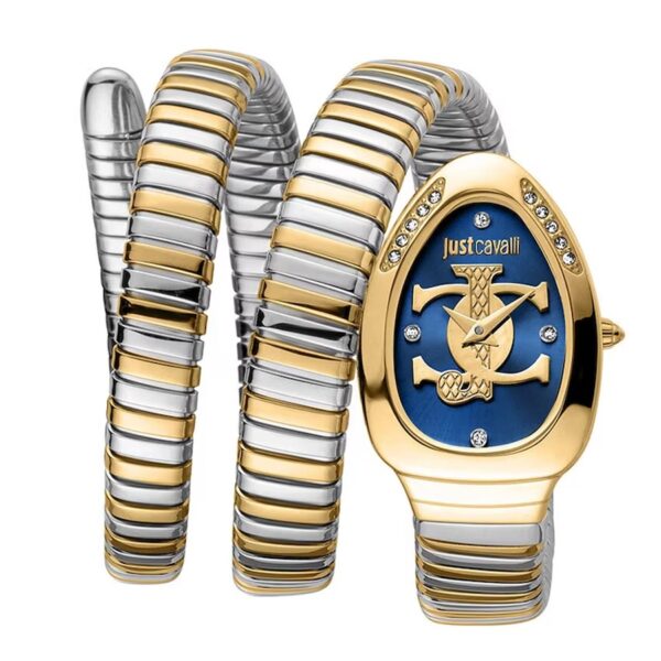 Just Cavalli JC1L228M0075 – Women's Signature Snake Watch Two-Tone Blue & Silver