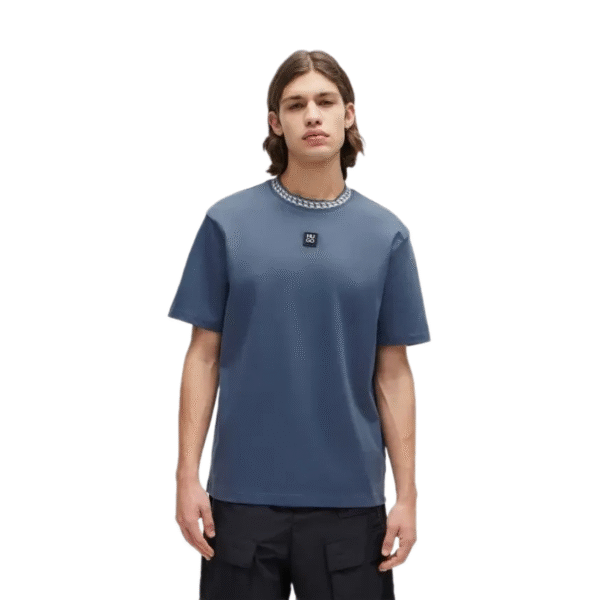 Hugo Boss Interlock Cotton T-Shirt with Chain Print Collar - Open Blue