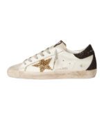 Golden Goose Women’s Super-Star in Nappa Leather with Gold Glitter Star and Black Glitter Heel Tab